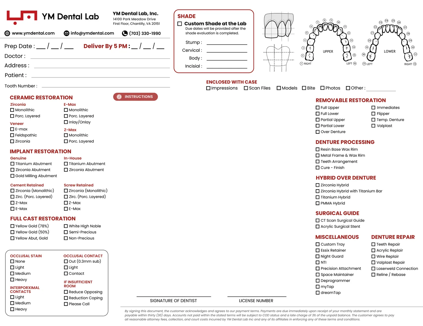 Preview of the 2026 YM Dental Lab prescription form